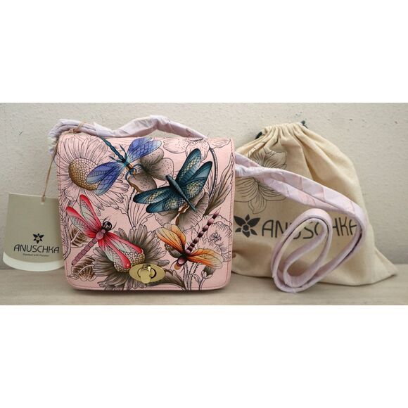 Anuschka Pink Dragonflies Hand-Painted Leather Crossbody Bag RFID Protection - Picture 1 of 10